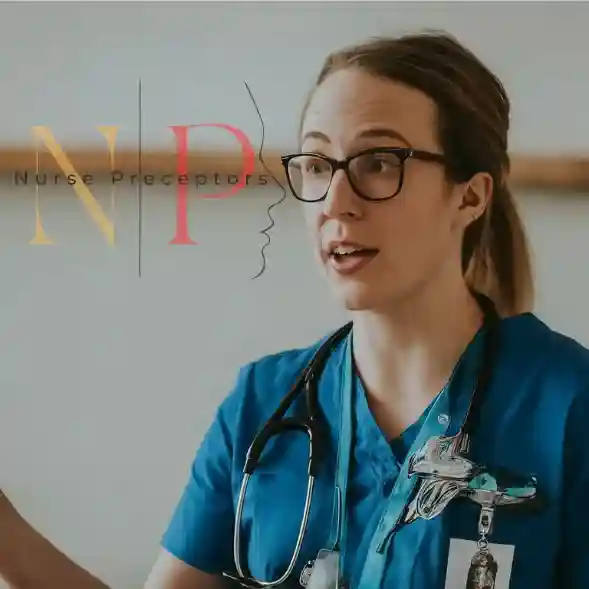 a nurse wearing the glasses in green scrubs