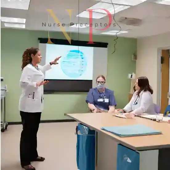 a nurse manager giving presentation to staff on projector