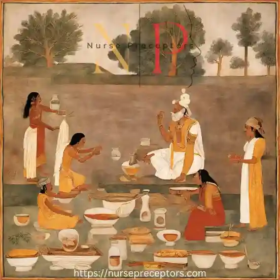an Hindu monk preparing the herbal medicine with his assisstants