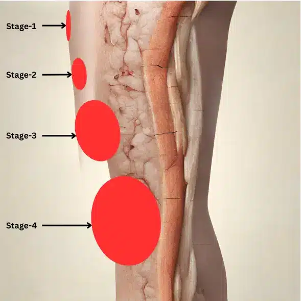 a limb showing 4 stages in red colour